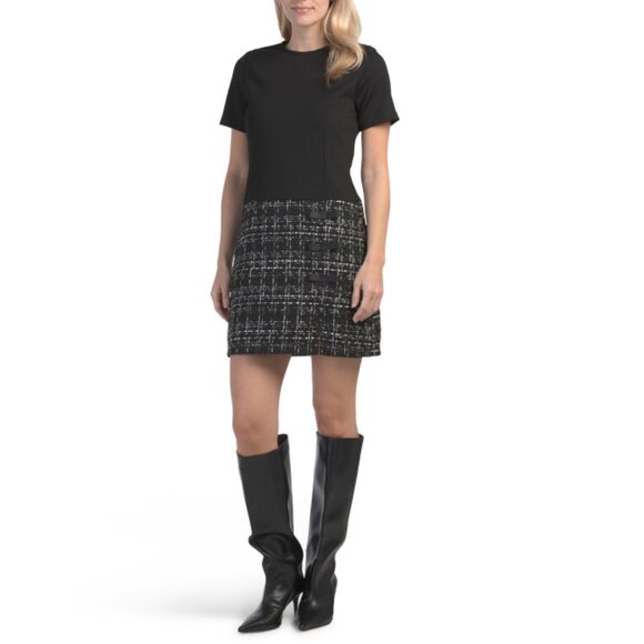 ELLEN TRACY Black Plaid Mix Media Mini Dress - Picture 1 of 2